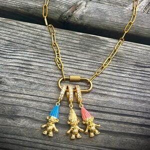 Vintage Trolls Pendant Necklace, Gold Plated Zinc Alloy, Retro 90s Jewelry Gift,